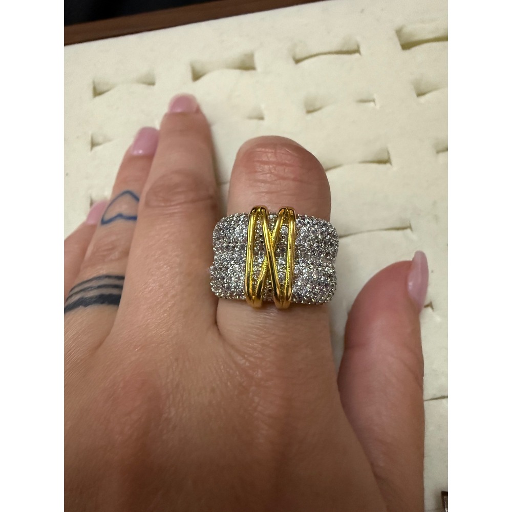 Two Tone Pave Crystal X Statement Ring Gold Silver Mixed Metal Band Size 8.5